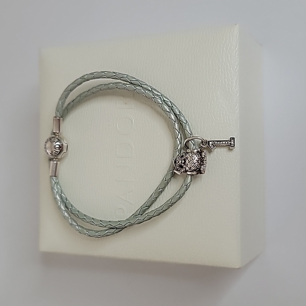 Pandora Silver Leather Bracelet And 2  Graduate Owl, Number 1 Dangle Charm